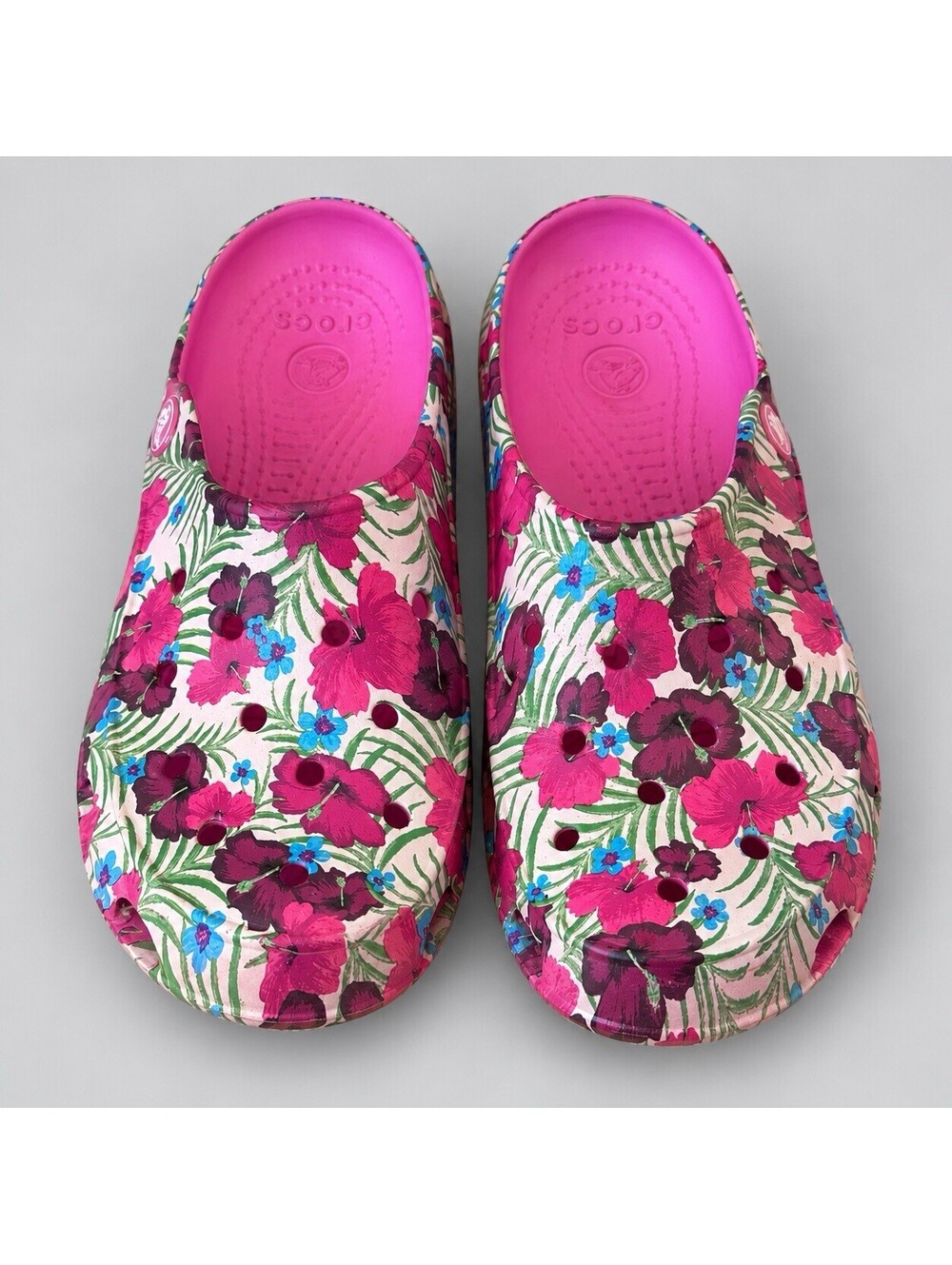 Crocs Freesail Womens 6 Pink Hibiscus Tropical Floral Clogs Slip On Garden Shoes